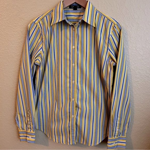 Lauren Ralph Lauren Yellow and Blue Striped Long Sleeve Button Down Shirt - Picture 1 of 7